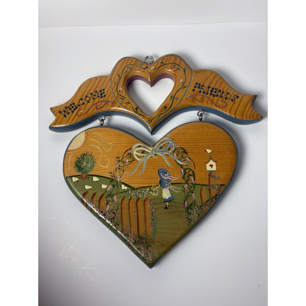 English Roses JDI Wooden Welcome Friends Heart Wall Plaque Folk Country Decor